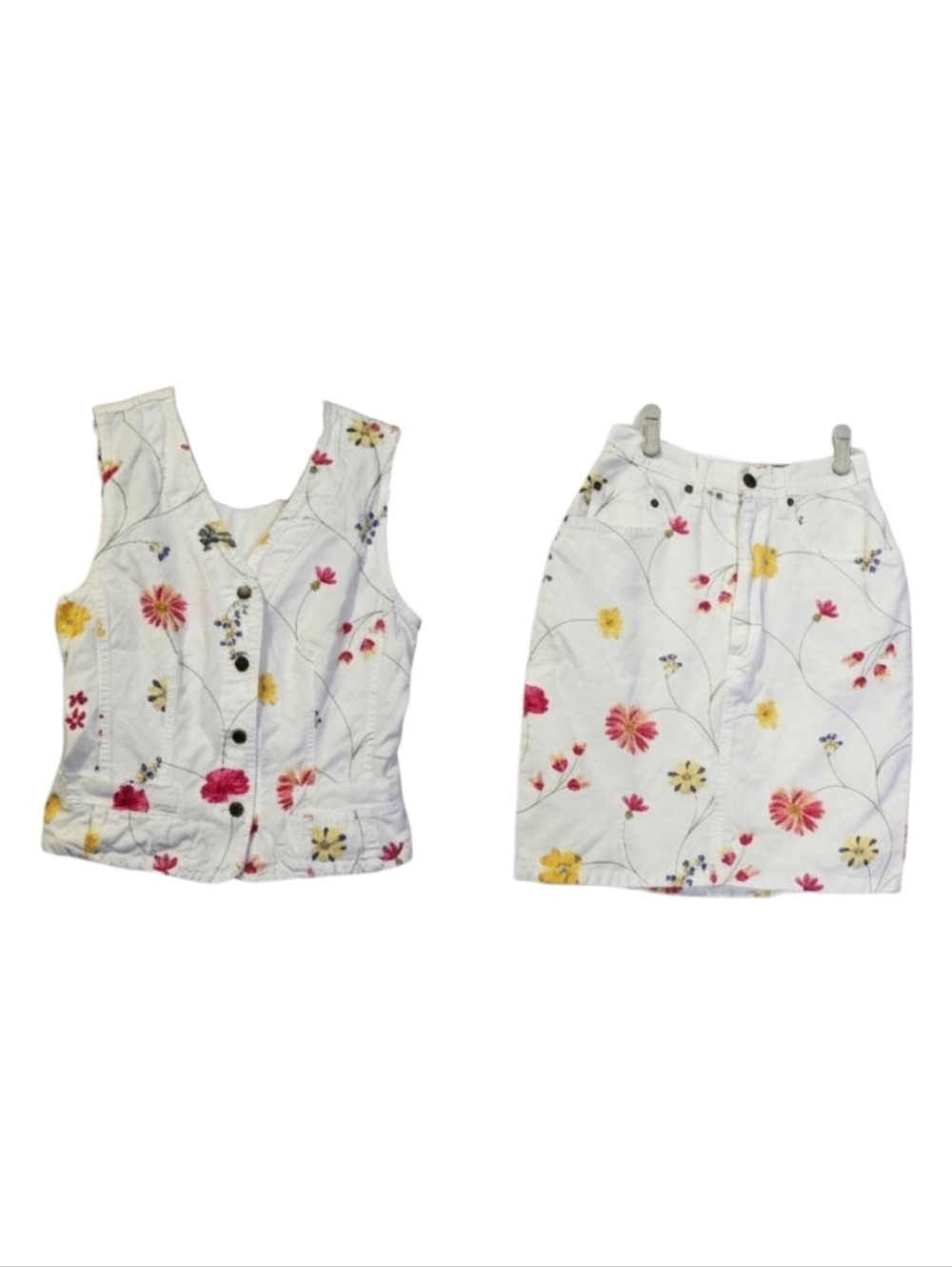 Vintage 90s Kenzo Jeans 36 White Floral 2 Piece Denim Vest Skirt Preppy Kitsch